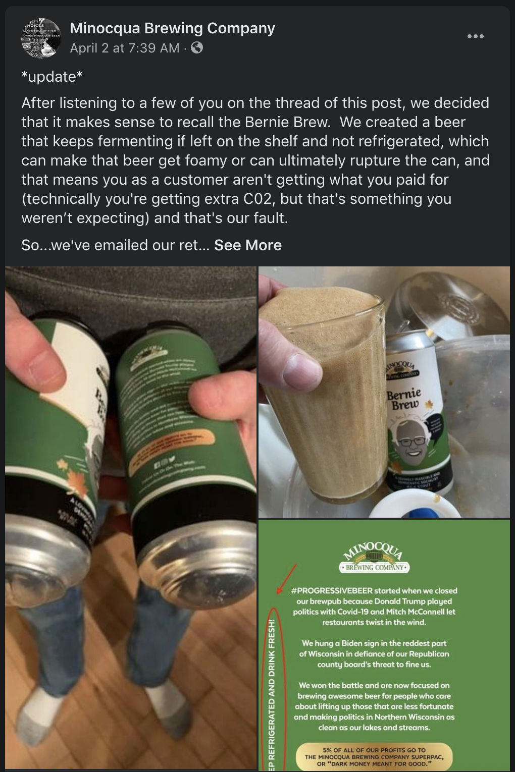 Minocqua Brewing Co. Facebook post